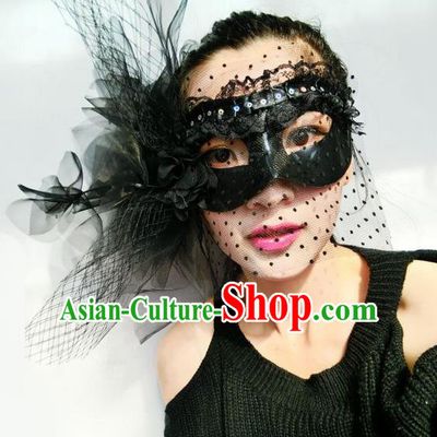 Top Grade Chinese Theatrical Headdress Ornamental Black Veil Mask, Asian Traditional Halloween Occasions Handmade Debutante Feather Mask for Women
