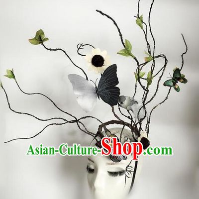 Top Grade Asian Headpiece Headdress Ornamental Branch Hair Accessories, Brazilian Carnival Halloween Occasions Handmade Miami Butterfly Headwear for Women