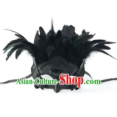 Top Grade Asian Headpiece Headdress Ornamental Black Feather Mask, Brazilian Carnival Halloween Occasions Handmade Miami Cosplay Lace Mask for Men