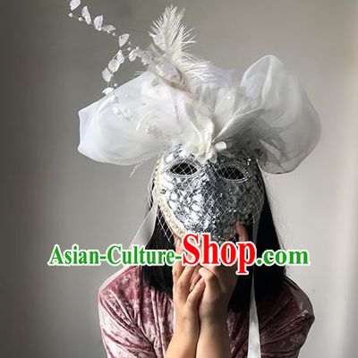 Top Grade Asian Headpiece Headdress Ornamental White Veil Mask, Brazilian Carnival Halloween Occasions Handmade Miami Cosplay Feather Mask for Women