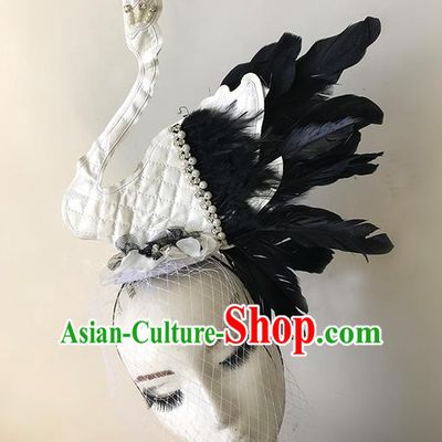 Top Grade Asian Headpiece Headdress Ornamental White Swan Headwear, Brazilian Carnival Halloween Occasions Handmade Miami Feather Hair Clasp for Women