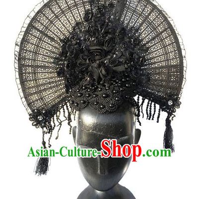 Top Grade Miami Deluxe Asian Chinese Black Fan Lace Hair Accessories, Halloween Brazilian Carnival Occasions Model Show Handmade Hair Clasp Headwear for Women