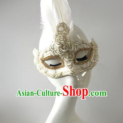 Top Grade Miami Deluxe White Feather Mask, Halloween Brazilian Carnival Occasions Model Show Handmade Face Mask for Men