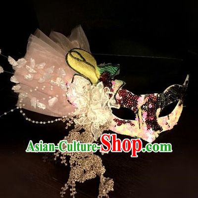 Top Grade Miami Deluxe Veil Lace Mask, Halloween Brazilian Carnival Occasions Model Show Handmade Pink Face Mask for Women