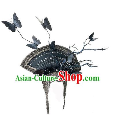 Top Grade Deluxe Asian Chinese Traditional Catwalks Headdress Hair Clasp, Halloween Brazilian Carnival Occasions Model Show Handmade Butterfly Fan Headwear for Women