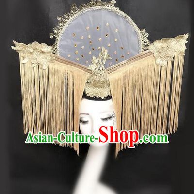 Top Grade Deluxe Asian Chinese Traditional Catwalks Headdress Fan Hair Clasp, Halloween Brazilian Carnival Occasions Model Show Handmade Tassel Headwear for Women