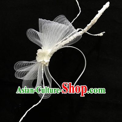 Top Grade Deluxe Catwalks Headdress White Veil Hair Clasp, Halloween Brazilian Carnival Occasions Model Show Handmade Bride Bowknot Headwear for Women