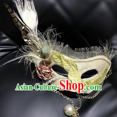 Top Grade Asian Headpiece Headdress Ornamental Cosplay Princess Feather Mask, Brazilian Carnival Halloween Occasions Handmade Miami Vintage White Mask for Women