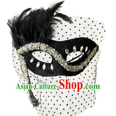 Top Grade Asian Headpiece Headdress Ornamental Cosplay Black Veil Crystal Mask, Brazilian Carnival Halloween Occasions Handmade Miami Vintage Mask for Women