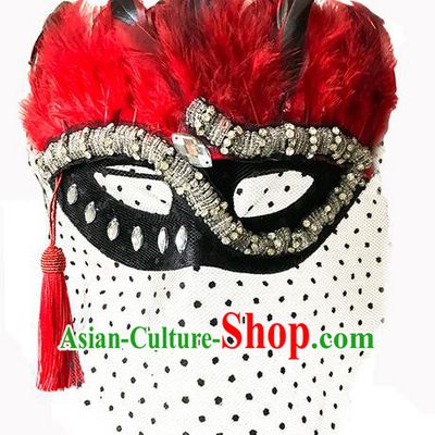 Top Grade Asian Headpiece Headdress Ornamental Cosplay Black Veil Crystal Mask, Brazilian Carnival Halloween Occasions Handmade Miami Red Feather Vintage Mask for Women