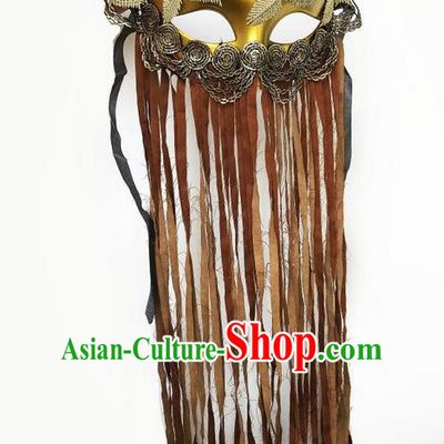 Top Grade Asian Headpiece Headdress Ornamental Cosplay Golden Mask, Brazilian Carnival Halloween Occasions Handmade Miami Vintage Brown Tassel Mask for Women