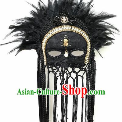 Top Grade Asian Headpiece Headdress Ornamental Cosplay Feather Mask, Brazilian Carnival Halloween Occasions Handmade Miami Vintage Black Tassel Mask for Women