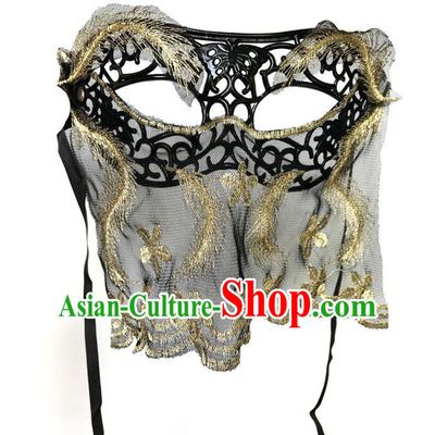 Top Grade Asian Headpiece Headdress Ornamental Cosplay Golden Embroidery Mask, Brazilian Carnival Halloween Occasions Handmade Miami Vintage Veil Mask for Women