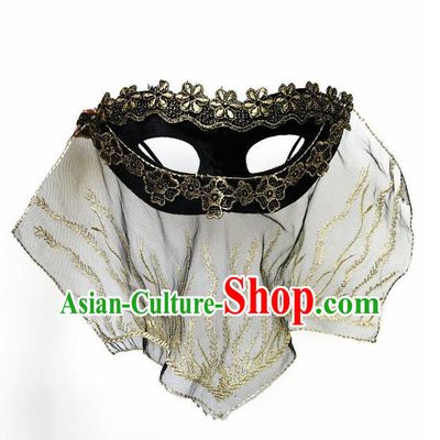 Top Grade Asian Headpiece Headdress Ornamental Cosplay Black Embroidery Mask, Brazilian Carnival Halloween Occasions Handmade Miami Vintage Lace Veil Mask for Women
