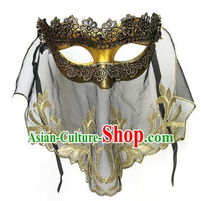 Top Grade Asian Headpiece Headdress Ornamental Cosplay Golden Mask, Brazilian Carnival Halloween Occasions Handmade Miami Vintage Lace Mask for Women