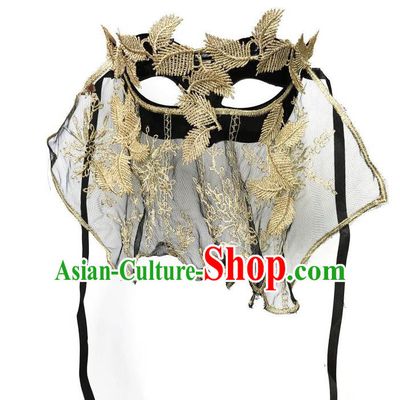 Top Grade Asian Headpiece Headdress Ornamental Cosplay Embroidery Golden Leaf Mask, Brazilian Carnival Halloween Occasions Handmade Miami Vintage Mask for Women