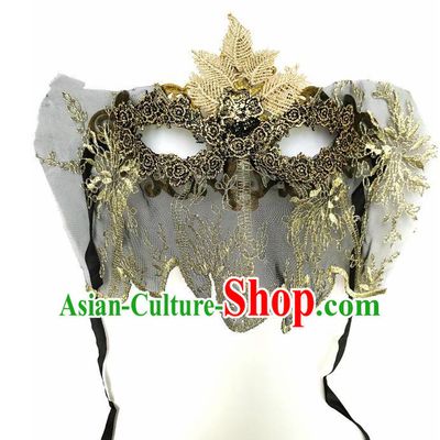 Top Grade Asian Headpiece Headdress Ornamental Cosplay Embroidery Mask, Brazilian Carnival Halloween Occasions Handmade Miami Vintage Golden Mask for Women