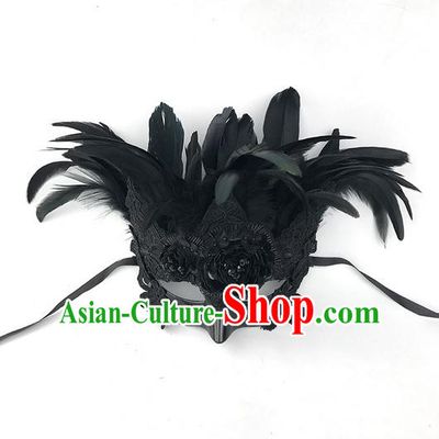 Top Grade Asian Headpiece Headdress Ornamental Black Feather Mask, Brazilian Carnival Halloween Occasions Handmade Miami Cosplay Mask for Men