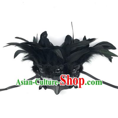 Top Grade Asian Headpiece Headdress Ornamental Black Feather Mask, Brazilian Carnival Halloween Occasions Handmade Miami Cosplay Lace Mask for Men
