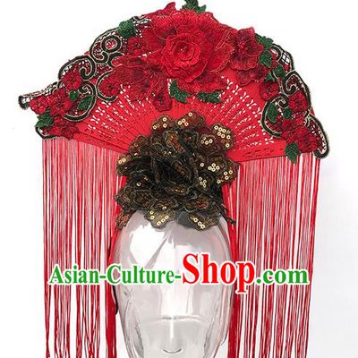 Top Grade Asian China Headpiece Ornamental Fan Hair Accessories, Traditional China Manchu Princess Flowers Floral Headdress Occasions Handmade Headwear for Women