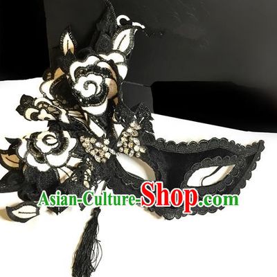 Top Grade Chinese Theatrical Headdress Ornamental Masquerade Black Lace Mask, Brazilian Carnival Halloween Occasions Handmade Miami Debutante Mask for Women