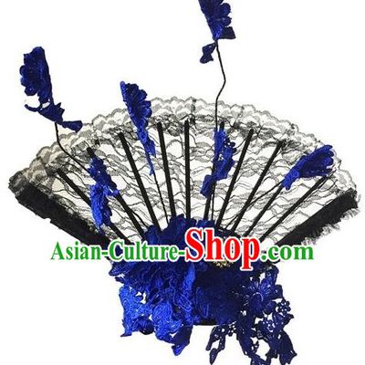 Top Grade Asian China Fan Hair Accessories, Traditional China Manchu Princess Flowers Floral Headdress Occasions Handmade Blue Lace Headwear for Women
