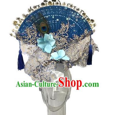 Top Grade Asian China Fan Embroidery Hair Accessories, Traditional China Manchu Princess Flowers Floral Headdress Occasions Handmade Blue Headwear for Women