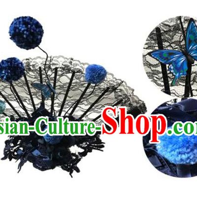 Top Grade Asian China Fan Hair Accessories, Traditional China Manchu Princess Flowers Floral Headdress Occasions Handmade Blue Venonat Headwear for Women