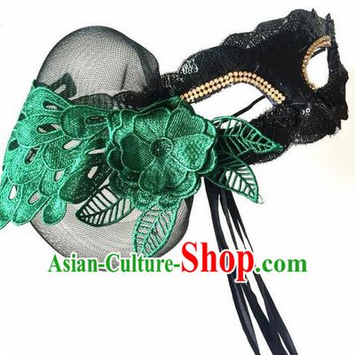 Top Grade Miami Deluxe Embroidery Lace Mask, Halloween White Feather Headdress Brazilian Carnival Occasions Handmade Green Face Mask for Women