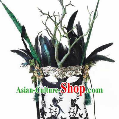 Top Grade Miami Deluxe Green Branch Mask, Halloween Headdress Brazilian Carnival Occasions Handmade Feather Face Mask for Women