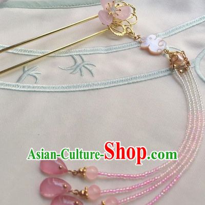 Asian Chinese Traditional Headdress Pink Beads Tassel Hairpins, China Ancient Handmade Bride Flowers Step Shake Headwear for Women