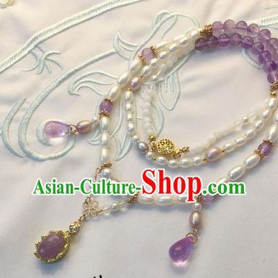 Asian Chinese Traditional Headdress Beads Tassel Necklace, China Ancient Handmade Bride Hanfu Crystal Collar Necklet for Women