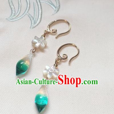 Asian Chinese Traditional Headdress Green Crystal Tassel Earrings, China Ancient Handmade Bride Hanfu Eardrop for Women