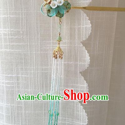 Asian Chinese Traditional Headdress Green Beads Tassel Hair Accessories Hairpins, China Ancient Handmade Bride Hanfu Step Shake Flowers Hair Stick Headwear for Women