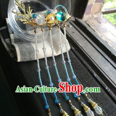 Asian Chinese Traditional Headdress Blue Beads Tassel Hair Accessories Hairpins, China Ancient Handmade Bride Hanfu Step Shake Flowers Hair Stick Headwear for Women