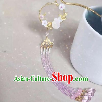 Asian Chinese Traditional Headdress Pink Beads Tassel Hair Accessories Hairpins, China Ancient Handmade Bride Hanfu Step Shake Flowers Headwear for Women
