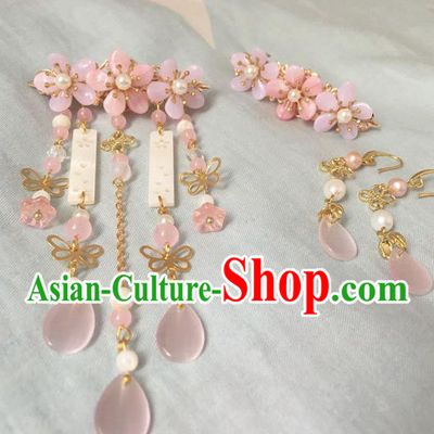 Asian Chinese Traditional Headdress Pink Jade Hair Accessories Hairpins, China Ancient Handmade Bride Hanfu Tassel Step Shake Headwear for Women