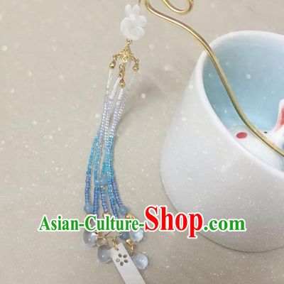 Asian Chinese Traditional Headdress Blue Beads Hair Accessories Hairpins, China Ancient Handmade Bride Hanfu Tassel Step Shake Headwear for Women