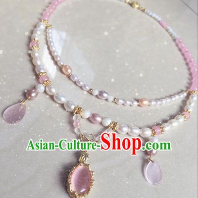 Asian Chinese Traditional Headdress Pearls Tassel Necklace, China Ancient Handmade Bride Hanfu Pink Crystal Collar Necklet for Women