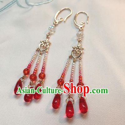 Asian Chinese Traditional Headdress Red Beads Tassel Earrings, China Ancient Handmade Bride Hanfu Crystal Eardrop for Women