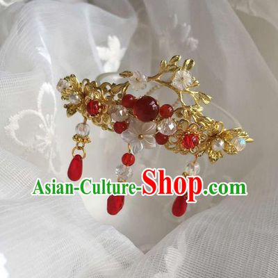 Asian Chinese Traditional Headdress Red Agate Hair Accessories Xiuhe Suit Hairpins, China Ancient Handmade Bride Hanfu Tassel Step Shake Headwear for Women