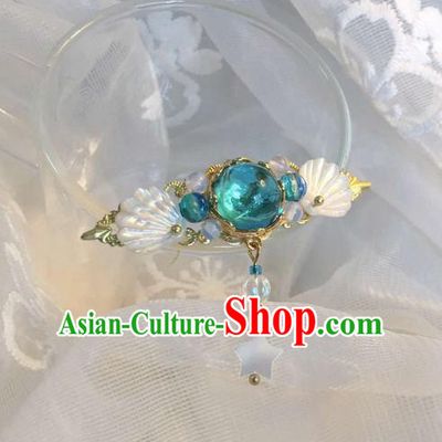 Asian Chinese Traditional Headdress Shell Hair Accessories Xiuhe Suit Hairpins, China Ancient Handmade Bride Hanfu Green Crystal Step Shake Headwear for Women