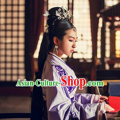 Traditional Ancient Chinese Female Embroidered Costume, Chinese Han Dynasty Palace Princess Purple Dress Hanfu Clothing for Women
