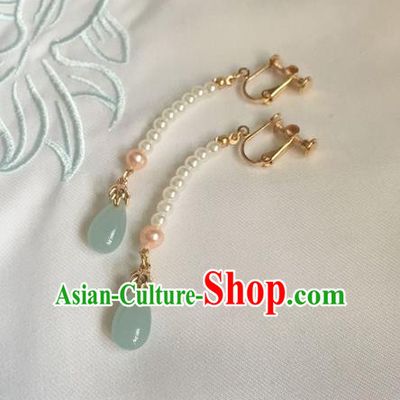 Asian Chinese Traditional Headdress Beads Tassel Earrings, China Ancient Handmade Bride Hanfu Green Crystal Eardrop for Women