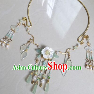Asian Chinese Traditional Headdress Overgild Tassel Necklace, China Ancient Handmade Bride Hanfu Hsiuyen Jade Collar Necklet for Women