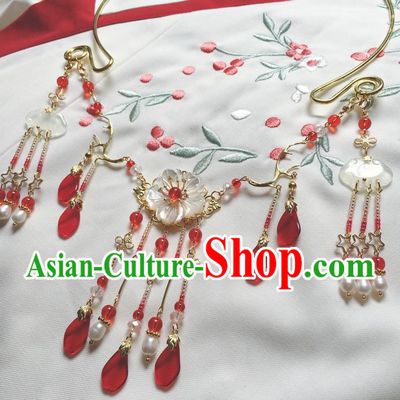 Asian Chinese Traditional Headdress Red Crystal Tassel Necklace, China Ancient Handmade Bride Hanfu Xiuhe Suit Collar Necklet for Women