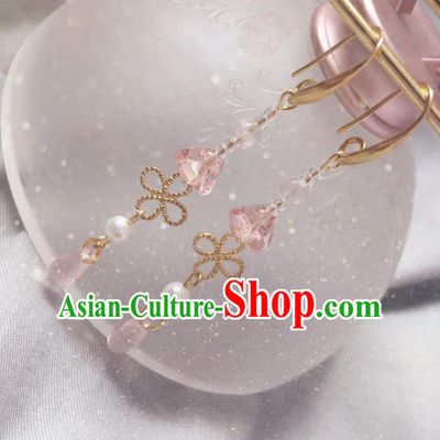 Asian Chinese Traditional Headdress Tassel Earrings, China Ancient Handmade Bride Hanfu Pink Crystal Eardrop for Women