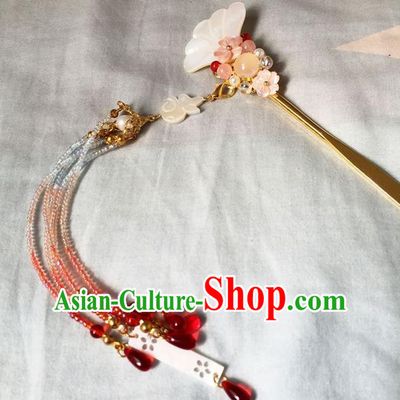 Asian Chinese Traditional Headdress Red Beads Hair Accessories Hairpins, China Ancient Handmade Bride Hanfu Step Shake Hair Stick Headwear for Women