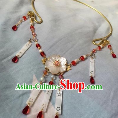 Asian Chinese Traditional Headdress Pearls Tassel Necklace, China Ancient Handmade Bride Hanfu Red Crystal Collar Necklet for Women
