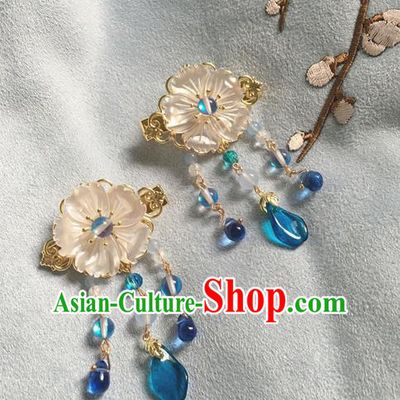 Asian Chinese Traditional Headdress Blue Crystal Hair Accessories Hairpins, China Ancient Handmade Bride Hanfu Tassel Step Shake Headwear for Women